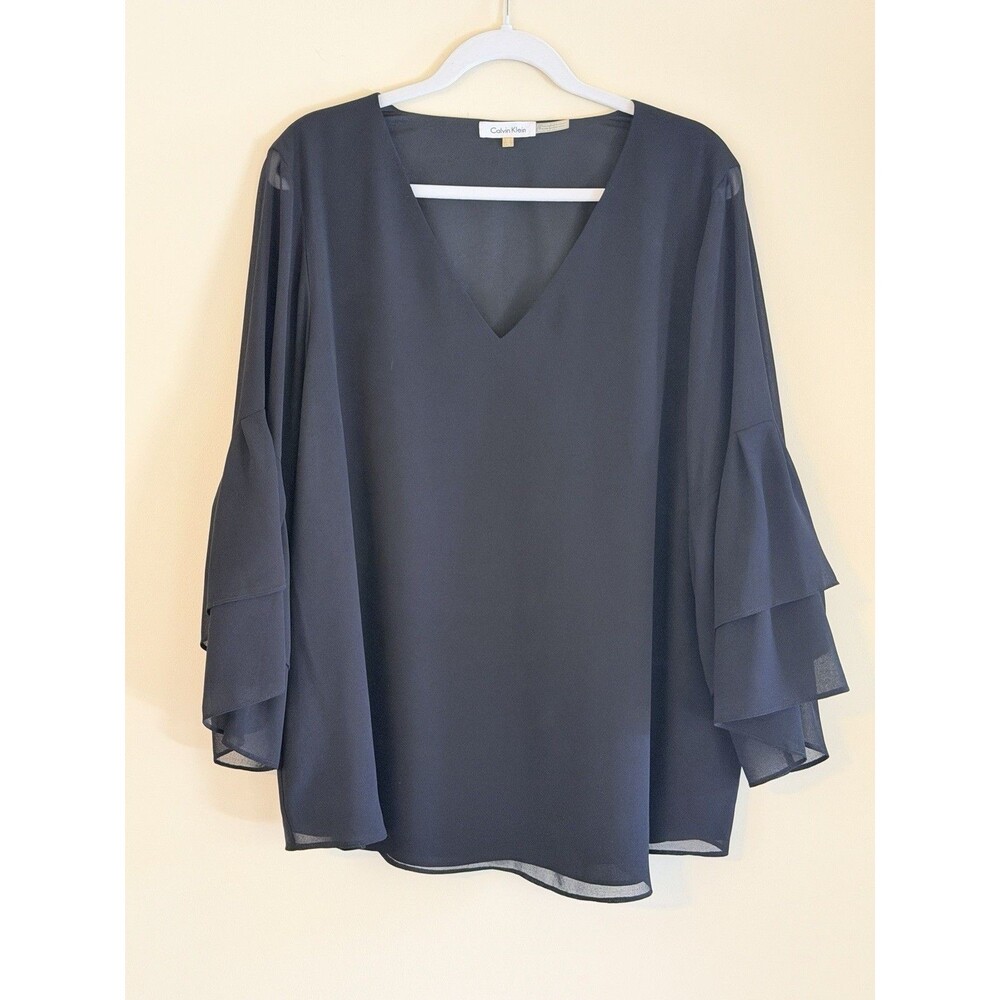 Calvin Klein Womens 1X Black Chiffon Blouse V Neck Tiered Bell Sleeve Plus